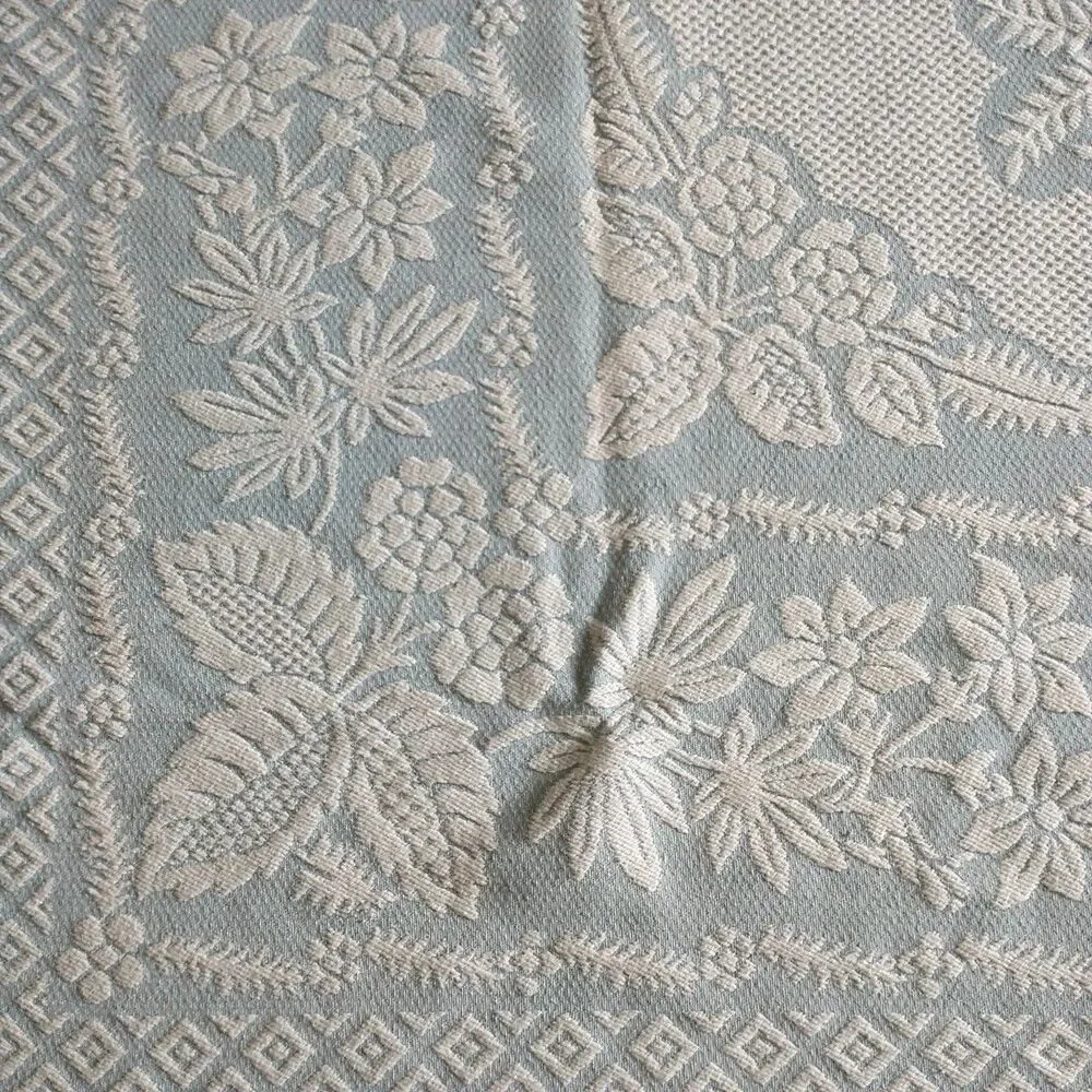 Vtg Bates? Bedspread Coverlet Full Blue Floral Jacquard Fringe Victorian MCM